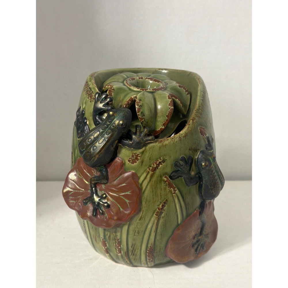 Ceramic Frog Lily Pad Wax Warmer Tea Light Incense Burner Green Crackle Glaze